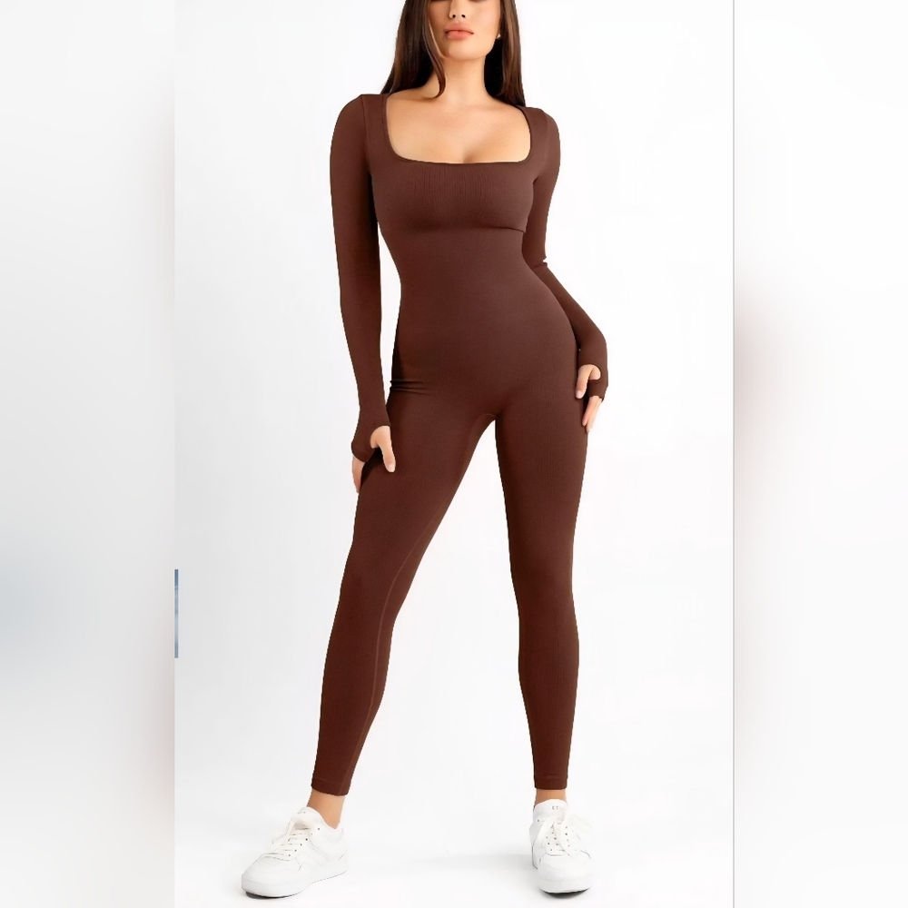 Brown Ribbed Square Neck Tummy Control Bodysuit.